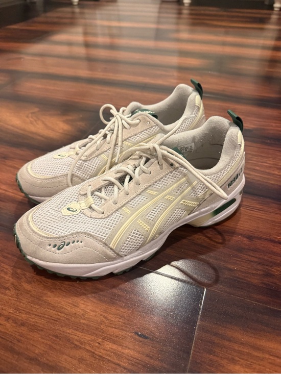 Asics Shoes - Asics Beige Sneakers with Pale Yellow Accents and Green Details